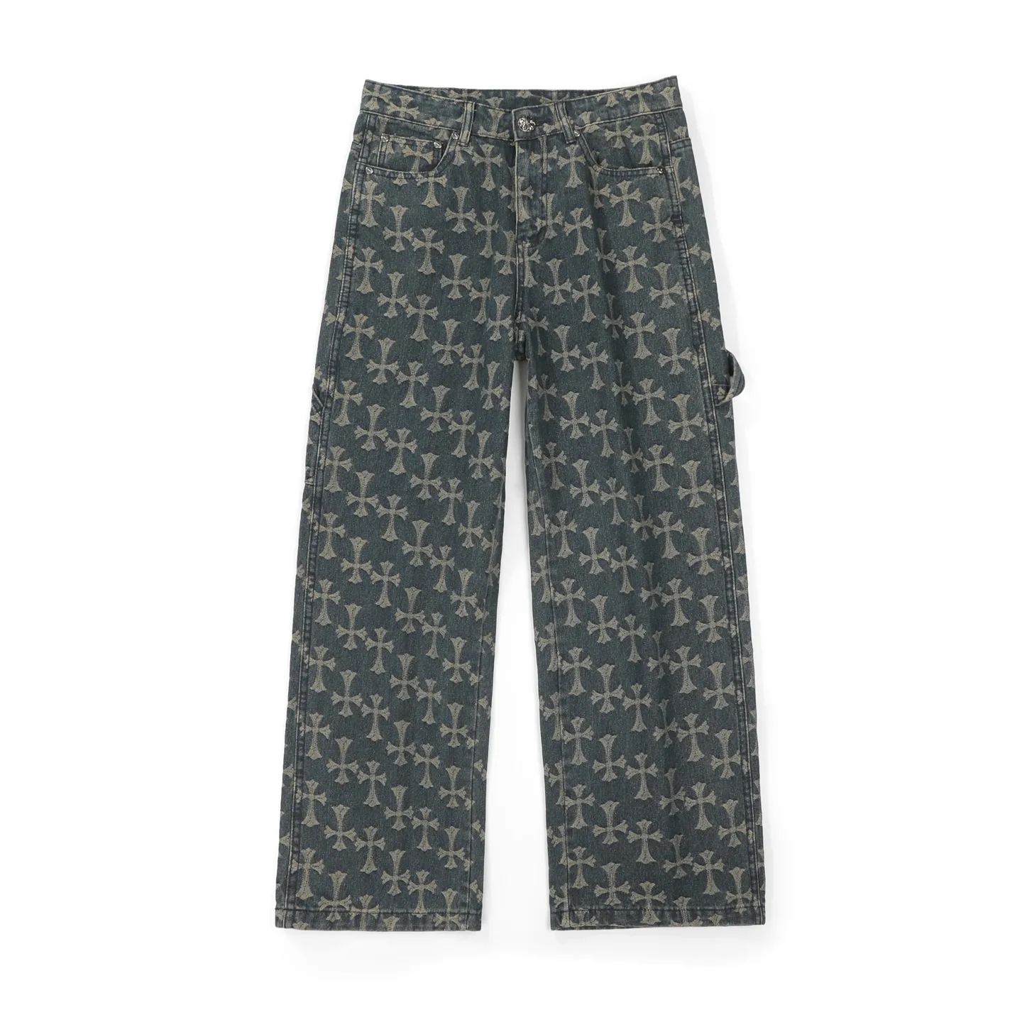 P220 Chrome Hearts｜Chrome Hearts CH all-over jacquard bootcut jeans - the same style as those of Internet celebrities. Cross-printed jeans, with unique cross design elements and all-over printing, full of design sense. It is made of 100% denim cotton fabric with heavy coarse yarn count, which ensures a stiff and tough silhouette while being soft, comfortable and breathable. The lapel is designed with silver buttons and is full of texture.  The classic dark yellow cross logo is all over the pants. They are generous and full of personality without being exaggerated. They are perfect for spring and summer!    Custom hardware! Same style for couples!  The three standards are complete, and the non-market version of the same style for men and women is free to compare and the quality is absolutely guaranteed. Size: 28/30/32/34/36 (s-xxl) Waist: 72/77/82/87/92 Knee: 55/56.5/58/59.5/61 Pants length: 103.5/105.5/107.5/109.5/111.5